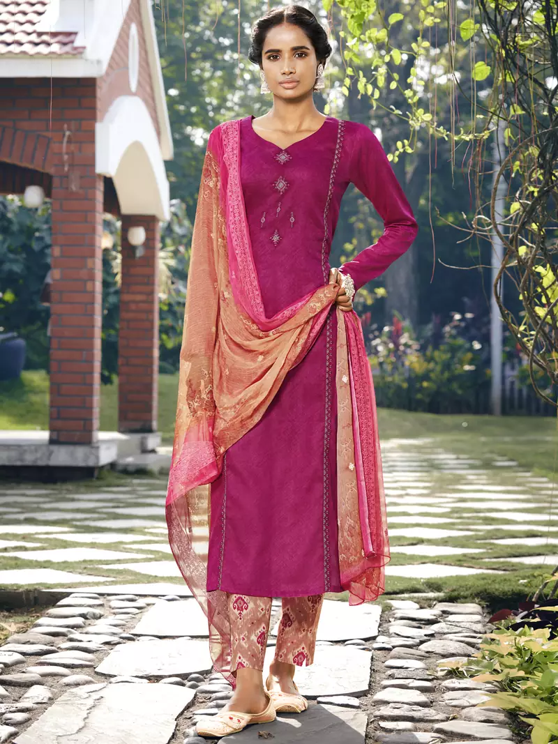 Magenta embroidered satin salwar