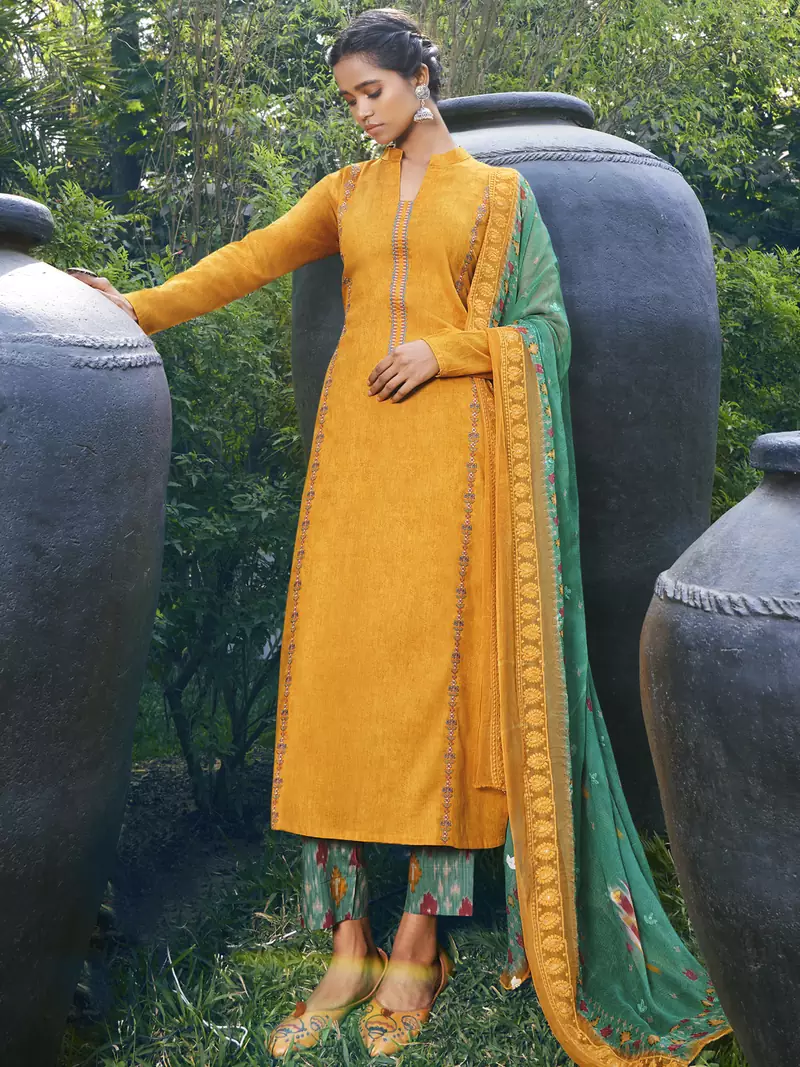 Yellow embroidered satin salwar