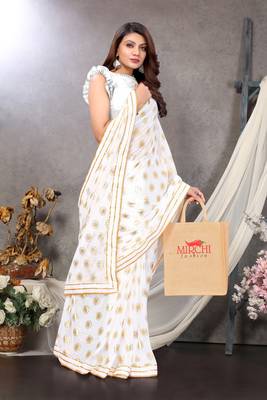 White woven lycra saree with blouse 1