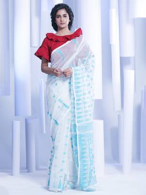 White Woven Silk Cotton Saree Without Blouse 1