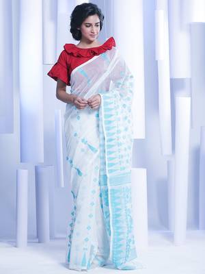 White Woven Silk Cotton Saree Without Blouse 2
