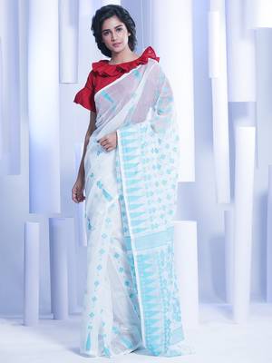 White Woven Silk Cotton Saree Without Blouse 3