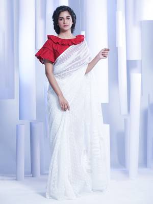 White Woven Silk Cotton Saree Without Blouse 1