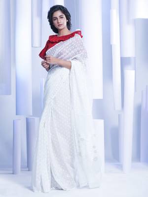 White Woven Silk Cotton Saree Without Blouse 2