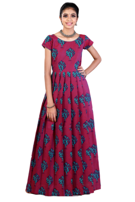 Shivangi Girls Megenta Cotton Pine Tree Long Gown 1
