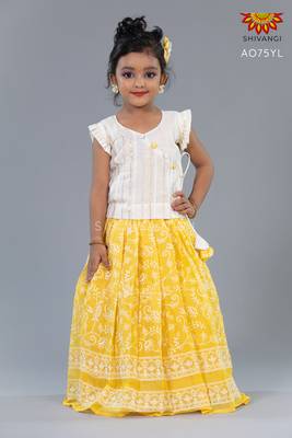 Shivangi Girls White and Yellow Kota Creeper Pattu Pavadai 1