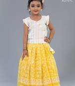 Shivangi Girls White and Yellow Kota Creeper Pattu Pavadai