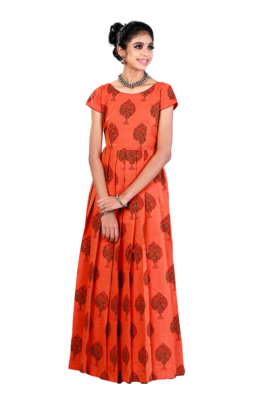 Shivangi Girls Orange Cotton Pine Tree Long Gown 1