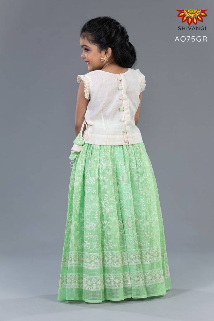 Shivangi Girls Pastel Green Kota Creeper Pattu Pavadai