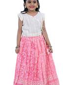 Shivangi Girls White and Pink Kota Creeper Pattu Pavadai