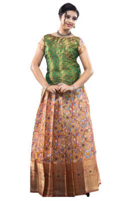 Shivangi Girls Peach Floral Creeper Pattu pavadai 1