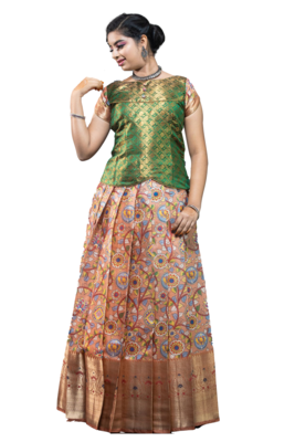 Shivangi Girls Peach Floral Creeper Pattu pavadai 2