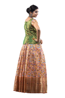 Shivangi Girls Peach Floral Creeper Pattu pavadai 3