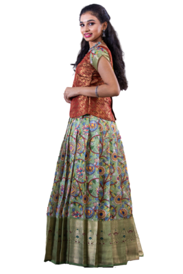 Shivangi Girls Maroon Floral Creeper Pattu pavadai 3
