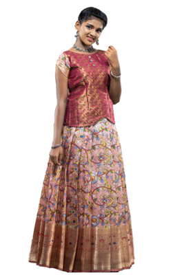 Shivangi Girls Pink Floral Creeper Pattu pavadai 1