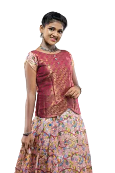 Shivangi Girls Pink Floral Creeper Pattu pavadai