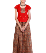 Shivangi Girls Red Kalamkari floral Cotton Pavadai Set