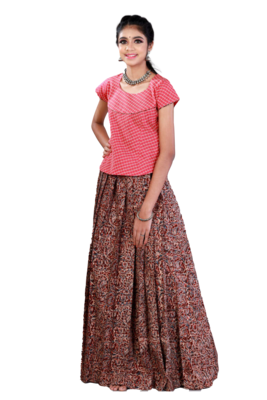 Girls Maroon Kalamkari floral Cotton Pavadai Set 1