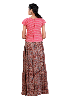 Girls Maroon Kalamkari floral Cotton Pavadai Set 2
