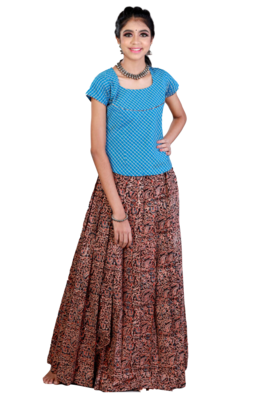 Girls Brown Kalamkari floral Cotton Pavadai Set 1