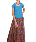 Girls Brown Kalamkari floral Cotton Pavadai Set