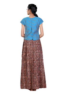 Girls Brown Kalamkari floral Cotton Pavadai Set 2