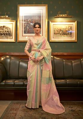 Peach woven organza saree with blouse 1