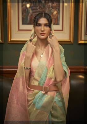 Peach woven organza saree with blouse 2