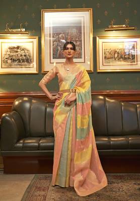 Pink woven organza saree with blouse 1