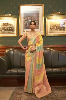 Pink woven organza saree with blouse