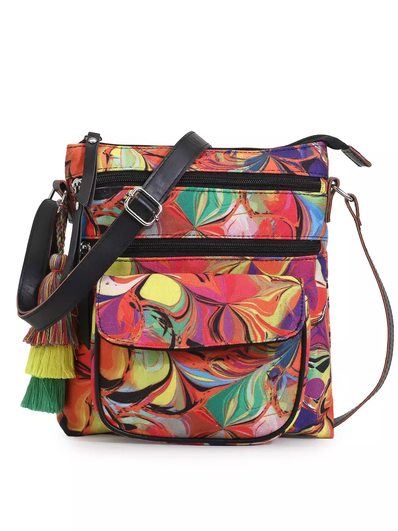 Rangoli Multi & Black Polycotton Floral Digital Print Sling Bag