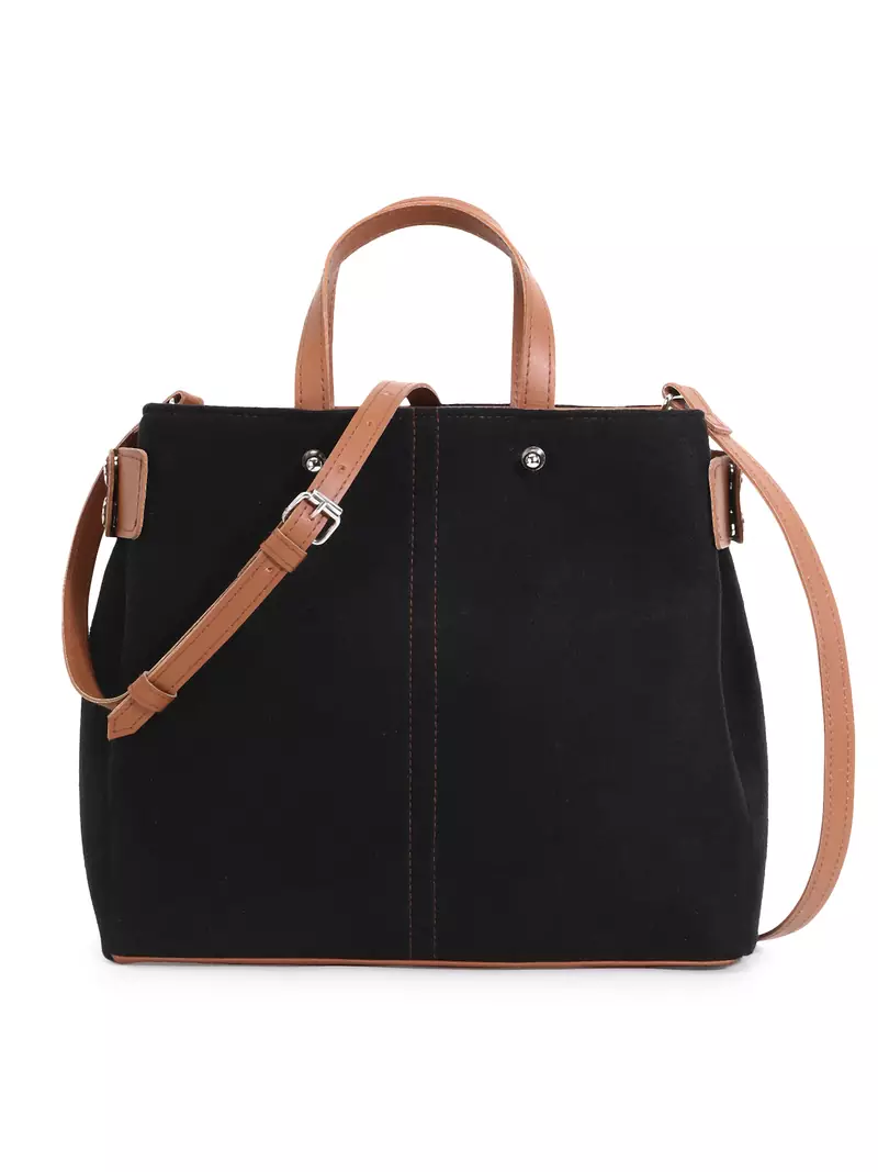 Classic Black & Brown Suede & Leatherette Solid Sling Bag