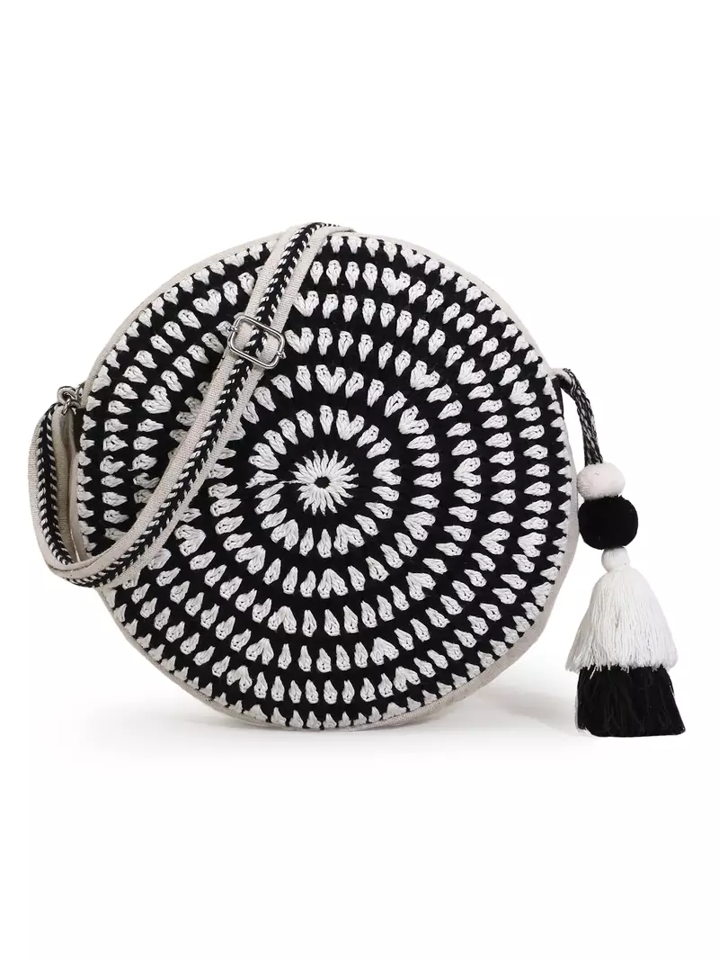 Mandala Natural & Black Acro Wool & Canvas Croatia Geometric Sling Bag