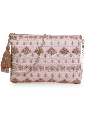 Blush Baby Pink & Gold Faux Silk Floral Emroidered Sling Bag 1