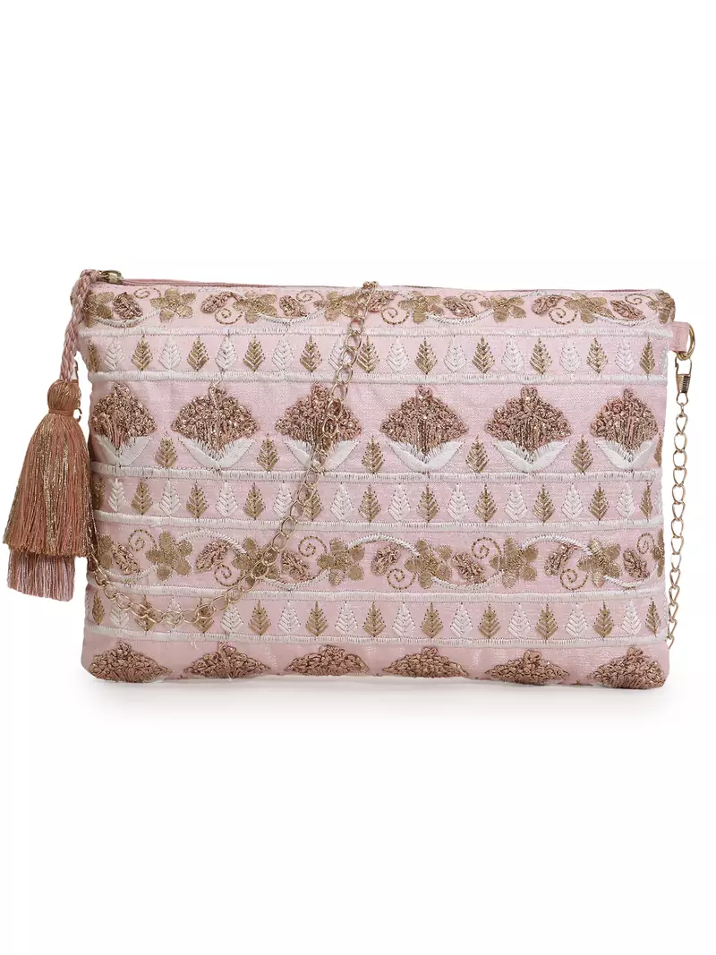 Blush Baby Pink & Gold Faux Silk Floral Emroidered Sling Bag