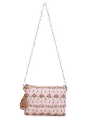 Blush Baby Pink & Gold Faux Silk Floral Emroidered Sling Bag 2