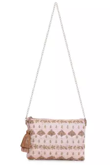 Blush Baby Pink & Gold Faux Silk Floral Emroidered Sling Bag