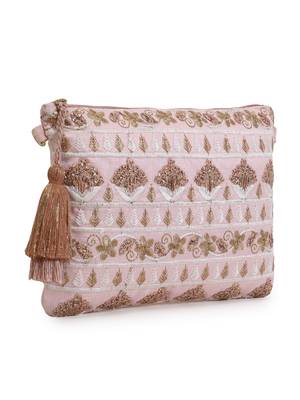 Blush Baby Pink & Gold Faux Silk Floral Emroidered Sling Bag 3