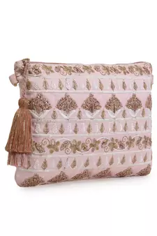 Blush Baby Pink & Gold Faux Silk Floral Emroidered Sling Bag