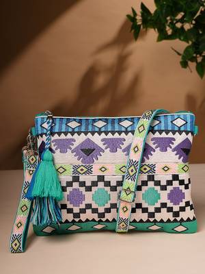 Tribal Turquoise & Multi Acrylic Jacquard Ethnic Motifs Embroidered Sling Bag 1