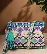 Tribal Turquoise & Multi Acrylic Jacquard Ethnic Motifs Embroidered Sling Bag