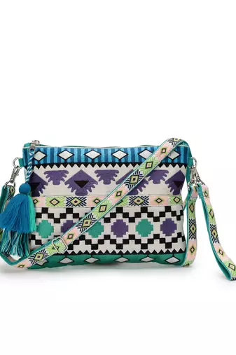 Tribal Turquoise & Multi Acrylic Jacquard Ethnic Motifs Embroidered Sling Bag