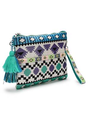 Tribal Turquoise & Multi Acrylic Jacquard Ethnic Motifs Embroidered Sling Bag 5