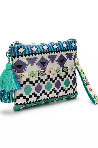 Tribal Turquoise & Multi Acrylic Jacquard Ethnic Motifs Embroidered Sling Bag