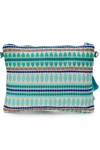Tribal Turquoise & Multi Acrylic Jacquard Ethnic Motifs Embroidered Sling Bag