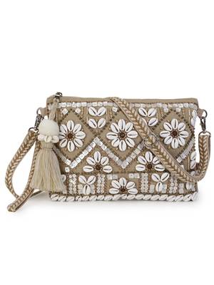 Boho Beige & White Cotton Jute & Canvas Boho Embellished Sling Bag 1