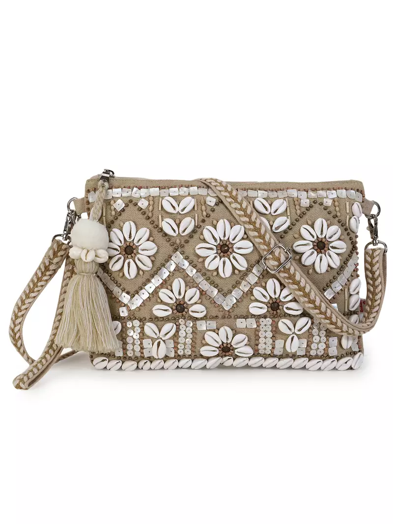 Boho Beige & White Cotton Jute & Canvas Boho Embellished Sling Bag