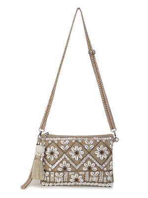 Boho Beige & White Cotton Jute & Canvas Boho Embellished Sling Bag 2