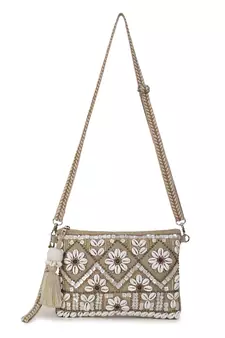 Boho Beige & White Cotton Jute & Canvas Boho Embellished Sling Bag