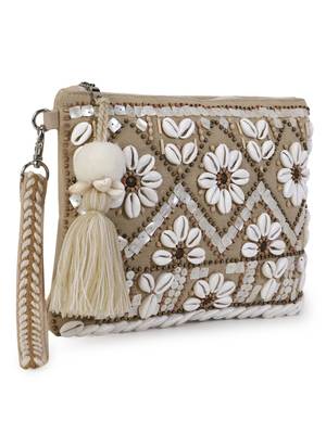 Boho Beige & White Cotton Jute & Canvas Boho Embellished Sling Bag 3